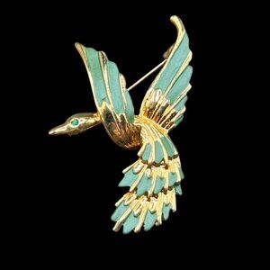Vintage Green Enamel and Rhinestone Bird Brooch: 18K Gold Electroplate, Designer